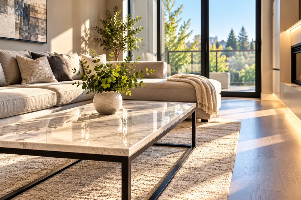 Bright, freshly cleaned living room with a marble coffee table