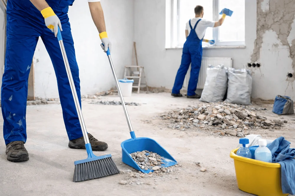 Cleaners removing construction dust and debris after a renovation