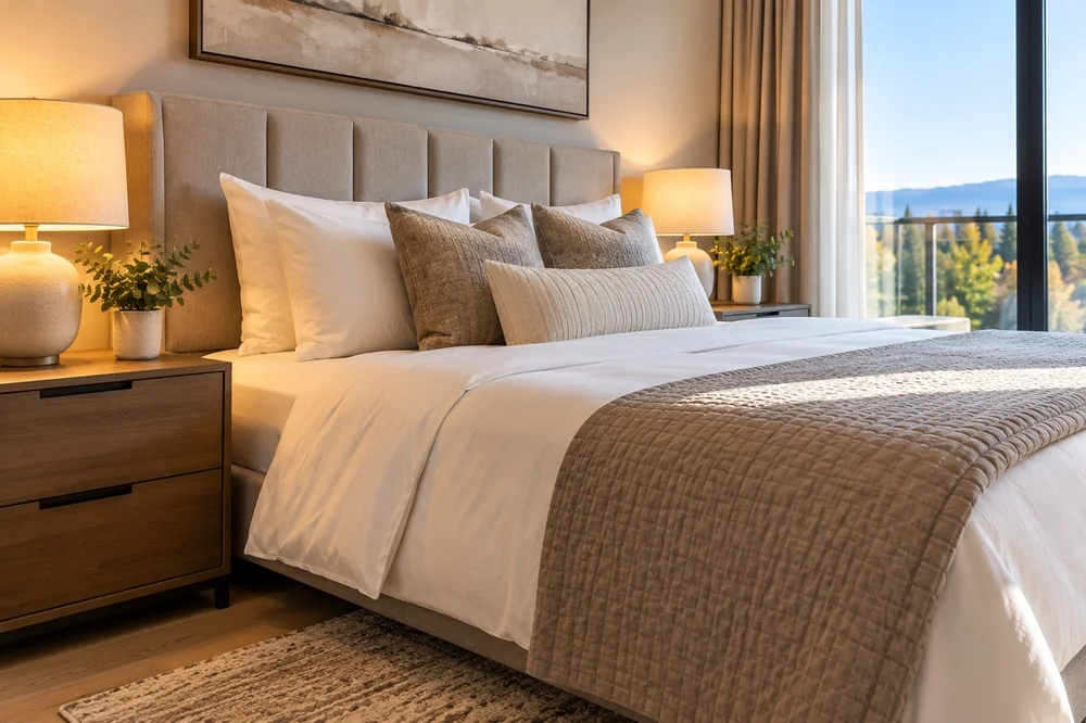 Hotel-style bedroom with crisp white linens, guest-ready