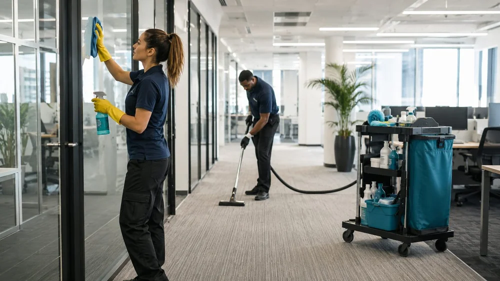 Professional cleaners at work in a modern office