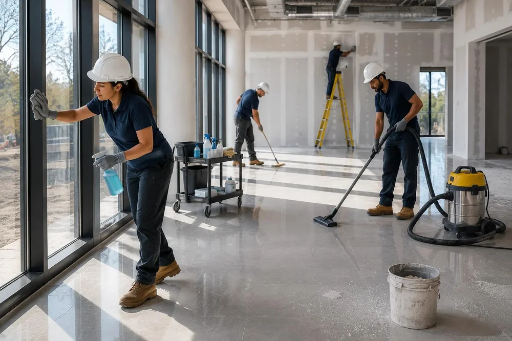 Cleaning crew finishing a newly built commercial space