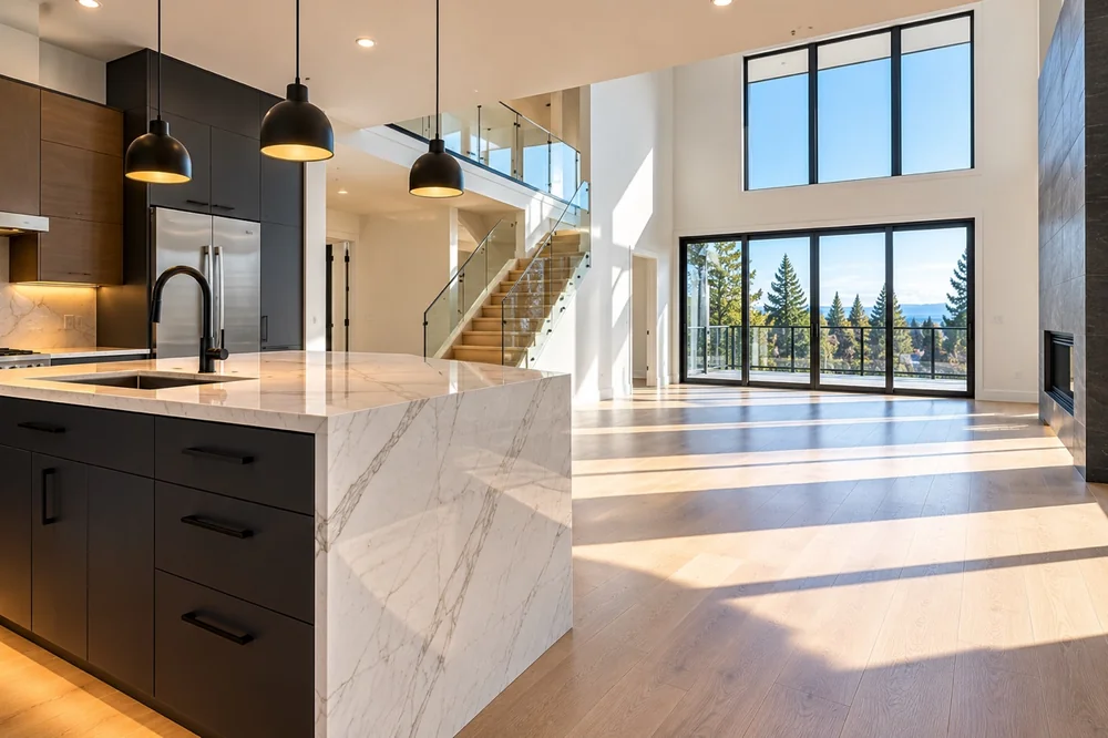 Sunlit open-plan home with gleaming hardwood floors