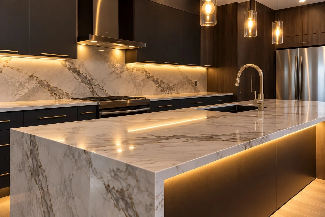 Sparkling marble kitchen cleaned by LERIX Cleaning Service